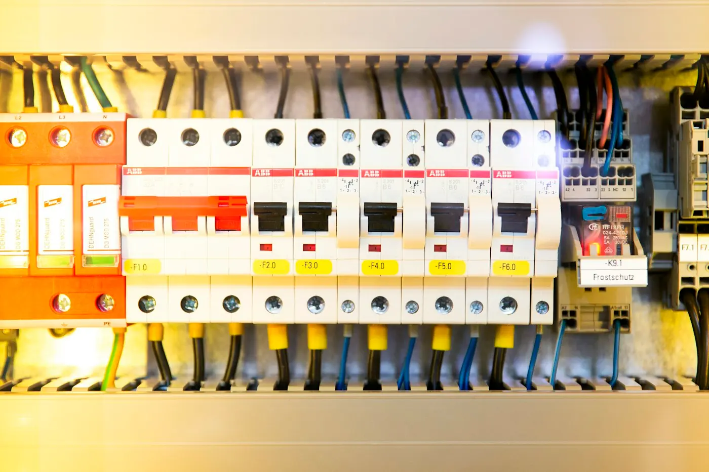 Breakers and control wiring inside an electrical distribution board