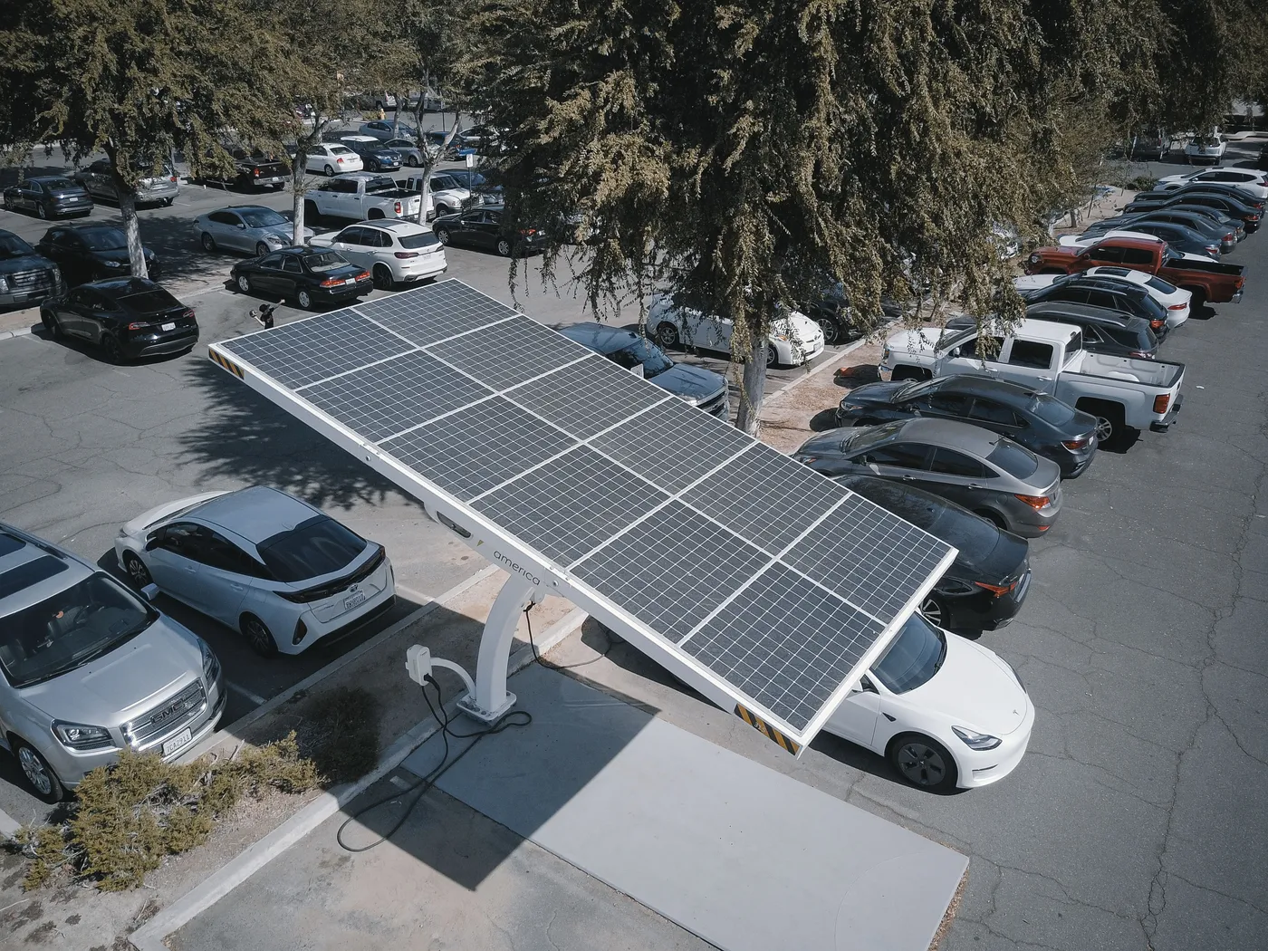 Electric cars charging beneath a solar-panel canopy in a public parking lot